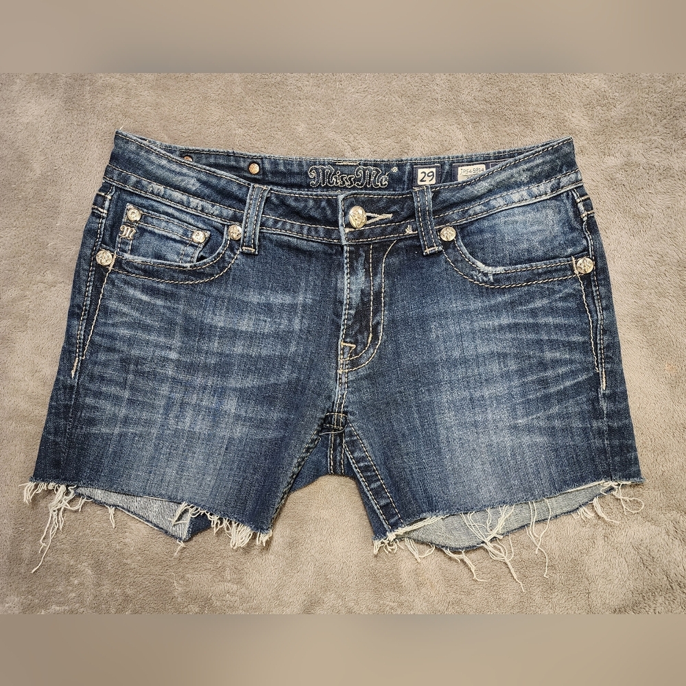 Miss Me Bling Faux Flap Denim Shorts Raw Hem Studded Gold/Silver - Size 29